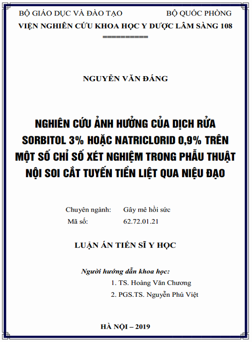 Luận án Nghiên cứu ảnh hưởng của dịch rửa sorbitol 3% hoặc natriclorid 0,9% trên một số chỉ số xét nghiệm trong phẫu thuật nội soi cắt tuyến tiền liệt qua niệu đạo
