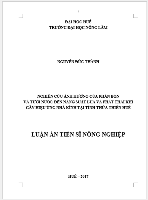 Luận án Nghiên cứu ảnh hưởng của phân bón và tưới nước đến năng suất lúa và phát thải khí gây hiệu ứng nhà kính tại tỉnh Thừa Thiên Huế
