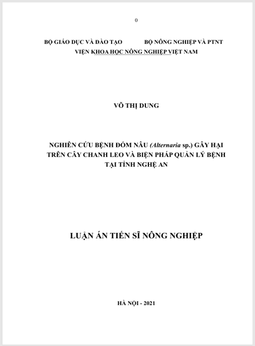 Luận án Nghiên cứu bệnh đốm nâu (Alternaria sp.) gây hại trên cây chanh leo và biện pháp quản lý bệnh tại tỉnh Nghệ An