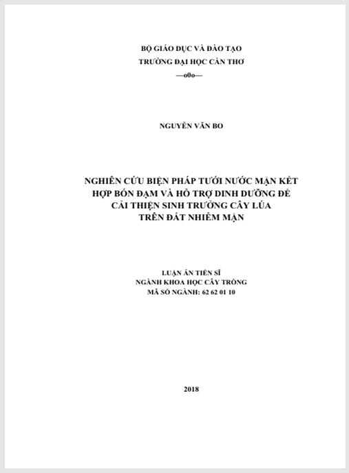 Luận án Nghiên cứu biện pháp tưới nước mặn kết hợp bón đạm và hỗ trợ dinh dưỡng để cải thiện sinh trưởng cây lúa trên đất nhiễm mặn