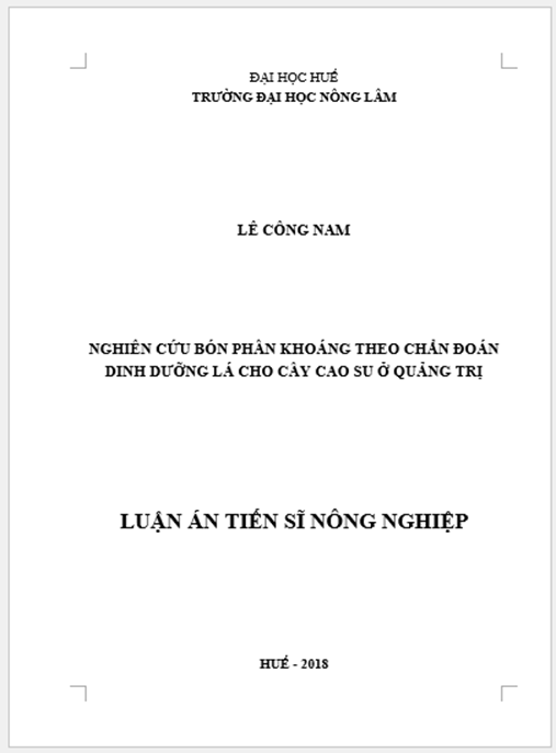 Luận án Nghiên cứu bón phân khoáng theo chẩn đoán dinh dưỡng lá cho cây cao su ở Quảng Trị