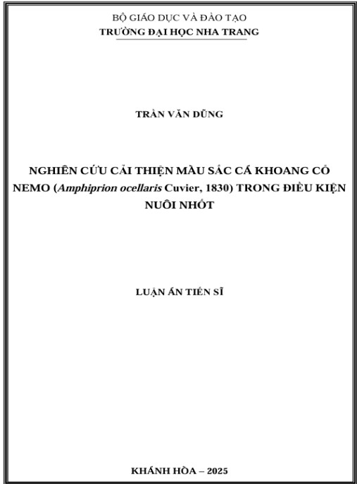 Luận án Nghiên cứu cải thiện màu sắc cá khoang cổ nemo (Amphiprion ocellaris Cuvier, 1830) trong điều kiện nuôi nhốt