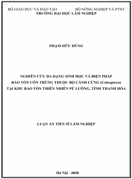 Luận án Nghiên cứu đa dạng sinh học và biện pháp bảo tồn côn trùng thuộc bộ Cánh cứng (Coleoptera) tại Khu bảo tồn thiên nhiên Pù Luông, tỉnh Thanh Hóa