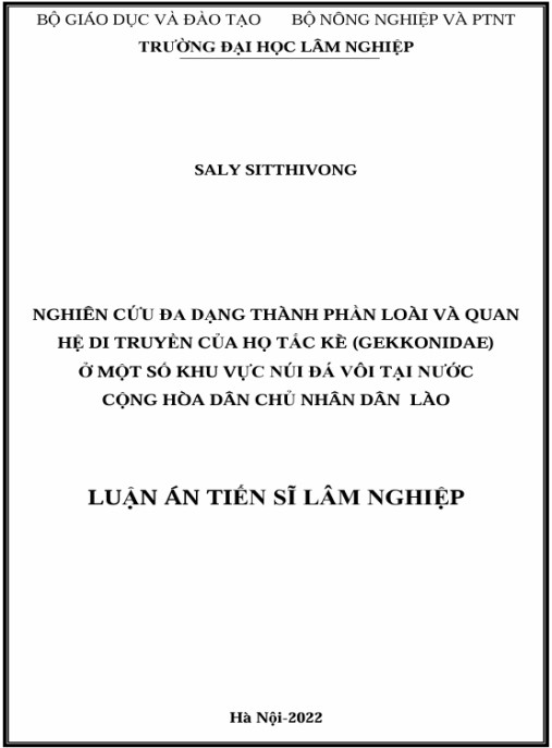 Luận án Nghiên cứu đa dạng thành phần loài và quan hệ di truyền của họ Tắc kè (Gekkonidae) ở một số khu vực núi đá vôi tại nước Cộng hòa Dân chủ Nhân dân Lào