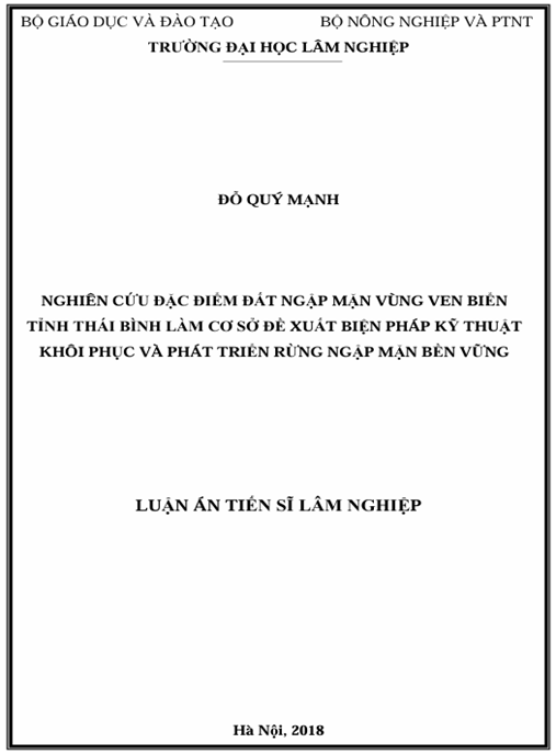 Luận án Nghiên cứu đặc điểm đất ngập mặn vùng ven biển tỉnh Thái Bình làm cơ sở đề xuất biện pháp kỹ thuật khôi phục và phát triển rừng ngập mặn bền vững