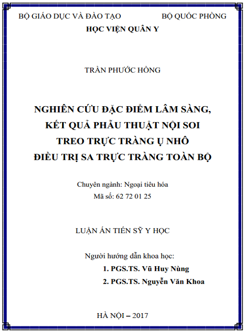 Luận án Nghiên cứu đặc điểm lâm sàng, kết quả phẫu thuật nội soi treo trực tràng ụ nhô điều trị sa trực tràng toàn bộ.