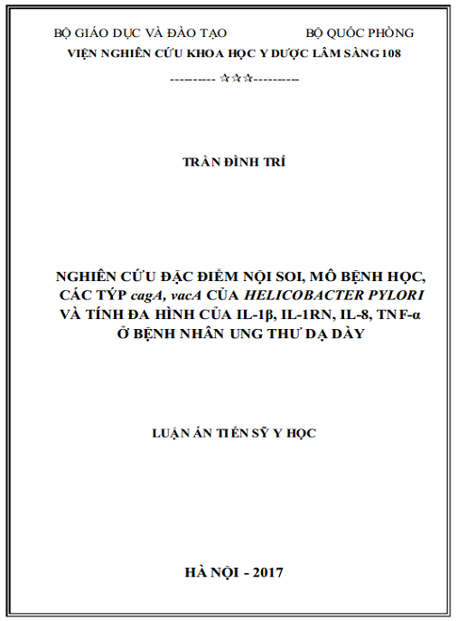 Luận án Nghiên cứu đặc điểm nội soi mô bệnh học các týp cagA vacA của Helicobacter pylori và tính đa hình của IL-1β IL-1RN IL-8 TNF-α ở bệnh nhân ung thư dạ dày.