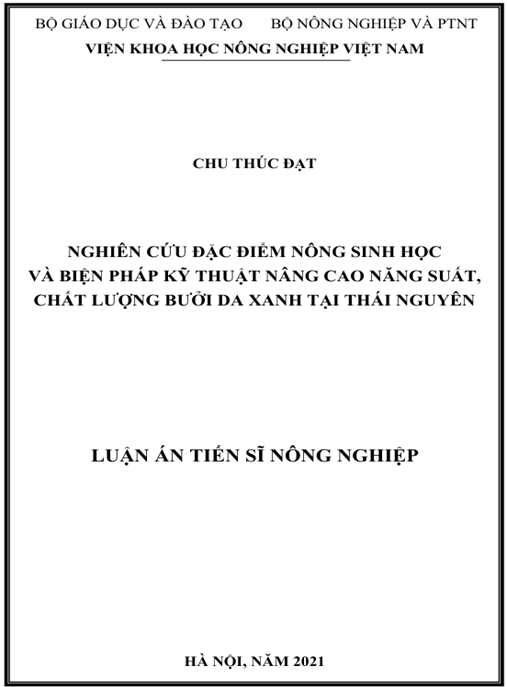 Luận án Nghiên cứu đặc điểm nông sinh học và biện pháp kỹ thuật nâng cao năng suất, chất lượng giống bưởi Da Xanh tại Thái Nguyên