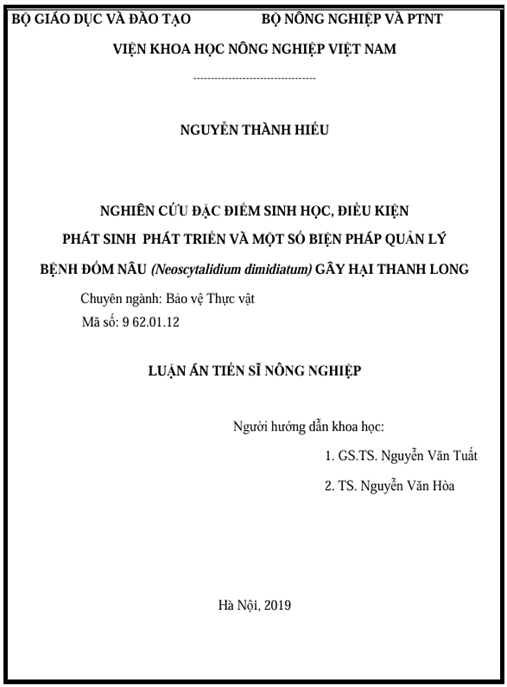 Luận án Nghiên cứu đặc điểm sinh học, điều kiện phát sinh phát triển và một số biện pháp quản lý bệnh đốm nâu (Neoscytalidium dimidiatum) gây hại thanh long.