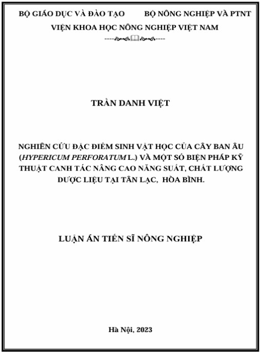 Luận án Nghiên cứu đặc điểm sinh vật học của cây Ban Âu (Hypericum perforatum L.) và một số biện pháp kỹ thuật canh tác nâng cao năng suất, chất lượng dược liệu tại Tân Lạc, Hòa Bình
