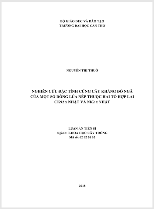 Luận án Nghiên cứu đặc tính cứng cây kháng đổ ngã của một số dòng lúa nếp thuộc hai tổ hợp lai CK92 x Nhật và NK2 x Nhật