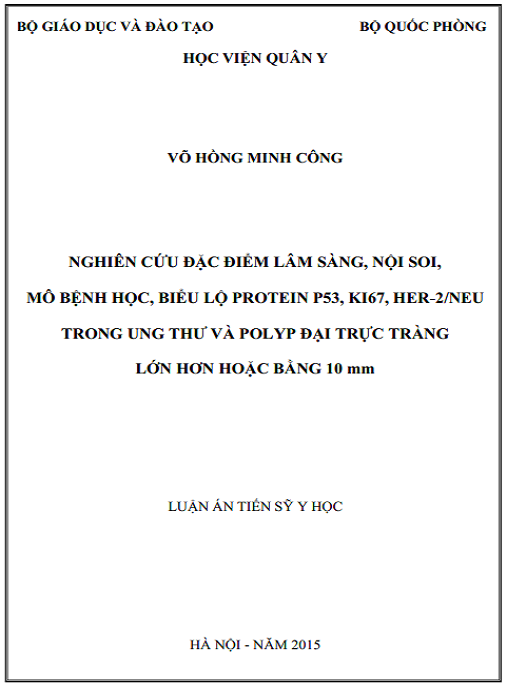 Luận án Nghiên cứu đặng điểm lâm sàng nội soi mô bệnh học biểu lộ protein p53Ki67 Her-2/neu trong ung thư và polyp đại trực tràng lớn hơn hoặc bằng 10mm