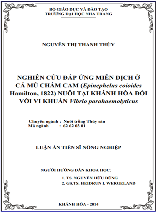 Luận án Nghiên cứu đáp ứng miễn dịch ở cá mú chấm cam (Epinephelus coioides Hamilton, 1822) nuôi thương phẩm tại Khánh Hòa đối với vi khuẩn Vibrio parahaemolyticus