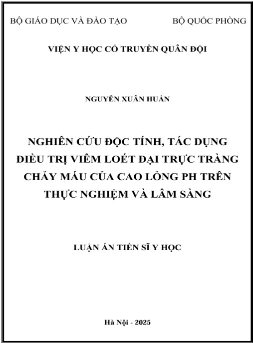 Luận án Nghiên cứu độc tính, tác dụng điều trị viêm loét đại trực tràng chảy máu của cao lỏng PH trên thực nghiệm và lâm sàng