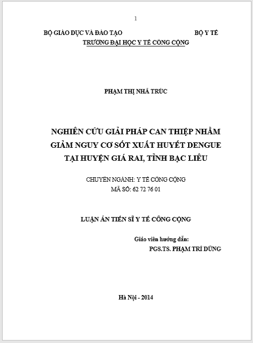 Luận án Nghiên cứu giải pháp can thiệp nhằm giảm nguy cơ sốt xuất huyết Dengue tại huyện Giá Rai tỉnh Bạc Liêu