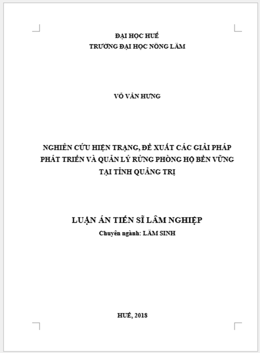 Luận án Nghiên cứu hiện trạng, đề xuất các giải pháp phát triển và quản lý rừng phòng hộ bền vững tại tỉnh Quảng Trị