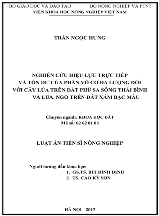 Luận án Nghiên cứu hiệu lực trực tiếp và tồn dư của phân vô cơ đa lượng đối với cây lúa trên đất phù sa sông Thái Bình và lúa, ngô đất trên xám bạc màu