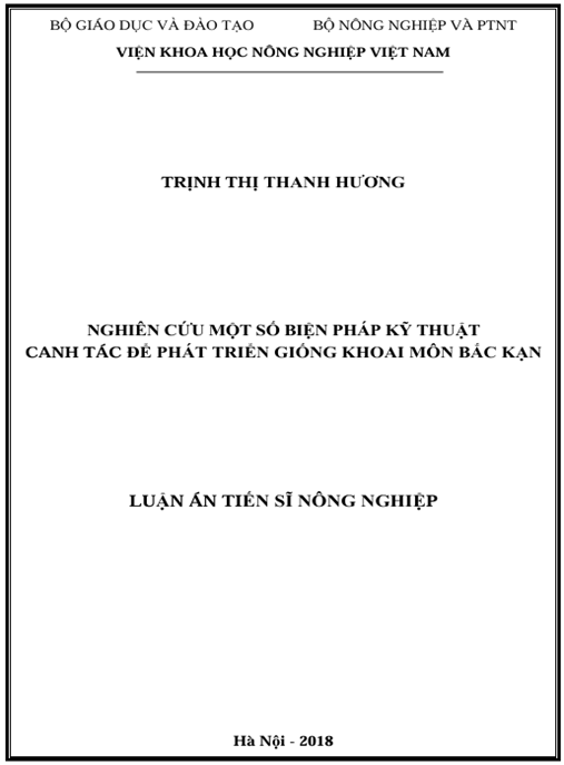 Luận án Nghiên cứu một số biện pháp kỹ thuật để phát triển giống khoai môn Bắc Kạn