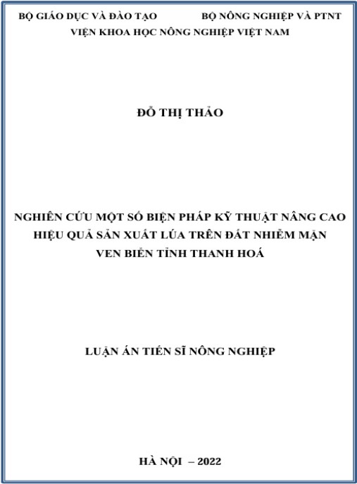 Luận án Nghiên cứu một số biện pháp kỹ thuật nâng cao hiệu quả sản xuất lúa trên đất nhiễm mặn ven biển tỉnh Thanh Hóa