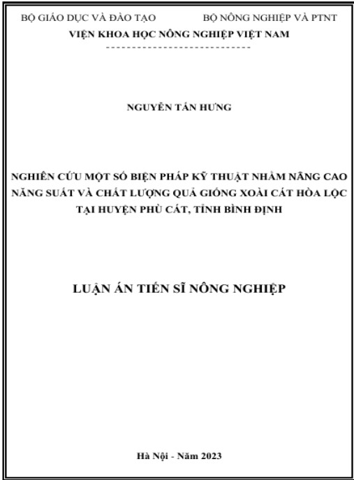 Luận án Nghiên cứu một số biện pháp kỹ thuật nhầm nâng cao năng suất, chất lượng quả giống xoài cát Hòa Lộc tại huyện Phù Cát, tỉnh Bình Định