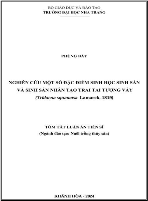 Luận án Nghiên cứu một số đặc điểm sinh học sinh sản và sinh sản nhân tạo trai tai tượng vảy (Tridacna squamosa Lamarck, 1819)