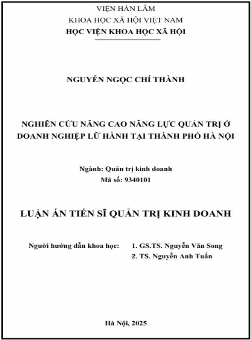 Luận án Nghiên cứu nâng cao năng lực quản trị ở doanh nghiệp lữ hành tại thành phố Hà Nội