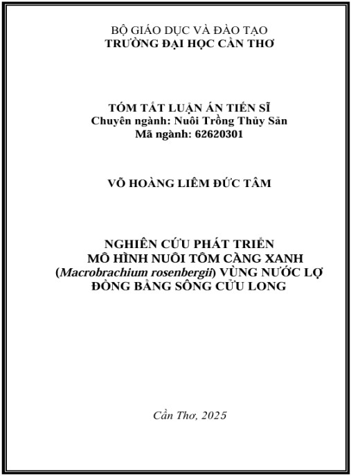 Luận án Nghiên cứu phát triển mô hình nuôi tôm càng xanh (Macrobrachium rosenbergii) vùng nước lợ Đồng Bằng Sông Cửu Long