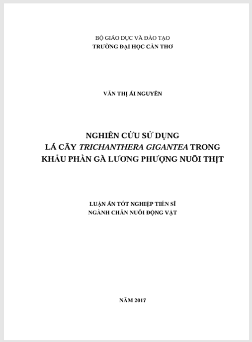 Luận án Nghiên cứu sử dụng lá cây T.gigantea trong khẩu phần gà Lương Phương nuôi thịt