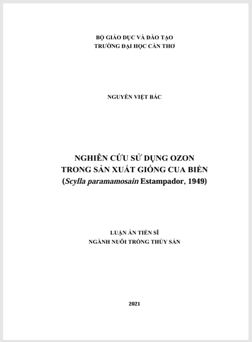 Luận án Nghiên cứu sử dụng ozone trong sản xuất giống cua biển (Scylla paramamosain Estampador, 1949)