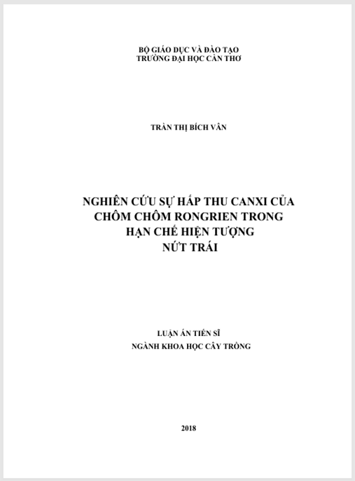 Luận án Nghiên cứu sự hấp thu canxi của chôm chôm Rongrien trong hạn chế hiện tượng nứt trái.