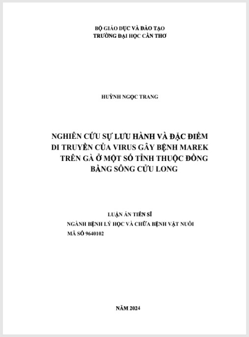Luận án Nghiên cứu sự lưu hành và đặc điểm di truyền của virus gây bệnh Marek trên gà ở một số tỉnh thuộc Đồng bằng sông Cửu Long