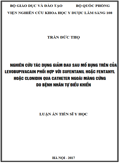 Luận án Nghiên cứu tác dụng giảm đau sau mổ bụng trên của levobupivacain phối hợp với sufentanil hoặc fentanyl hoặc clonidin qua catheter ngoài màng cứng do bệnh nhân tự điều khiển
