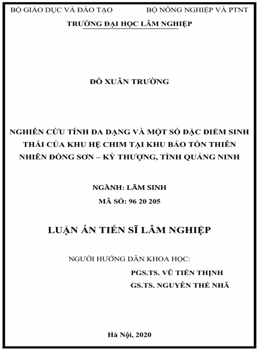 Luận án Nghiên cứu tính đa dạng và một số đặc điểm sinh thái của khu hệ chim tại Khu bảo tồn thiên nhiên Đồng Sơn – KỳThượng, tỉnh Quảng Ninh