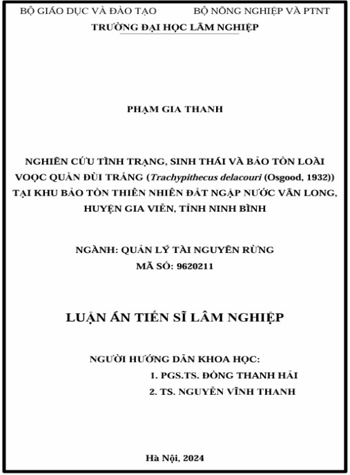 Luận án Nghiên cứu tình trạng, sinh thái và bảo tồn loài Voọc quần đùi trắng (Trachypithecus delacouri (Osgood, 1932)) tại khu bảo tồn thiên nhiên đất ngập nước Vân Long, huyện Gia Viễn, tỉnh Ninh Bình