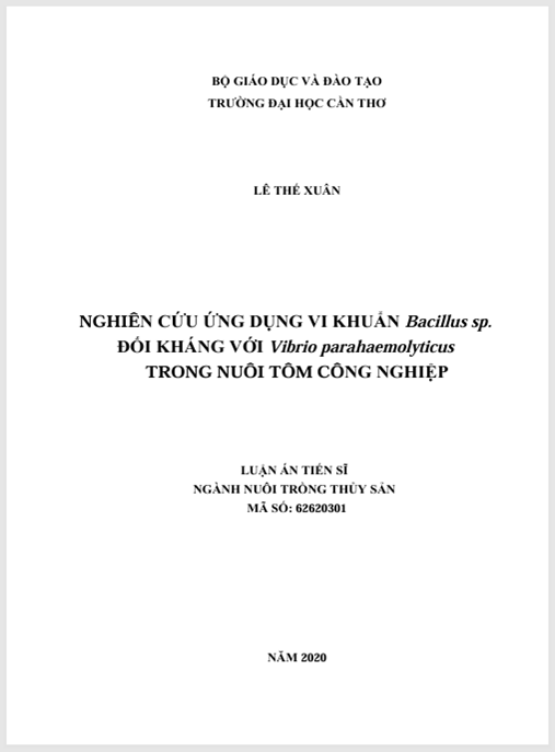Luận án Nghiên cứu ứng dụng vi khuẩn Bacillus sp. đối kháng với Vibrio parahaemolyticus trong nuôi tôm công nghiệp