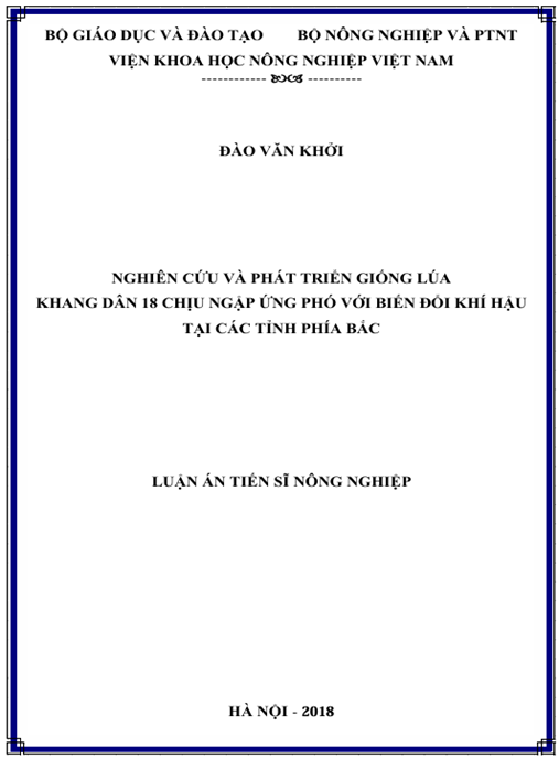 Luận án Nghiên cứu và phát triển giống lúa Khang dân 18 chịu ngập ứng phó với biến đổi khí hậu tại các tỉnh phía Bắc