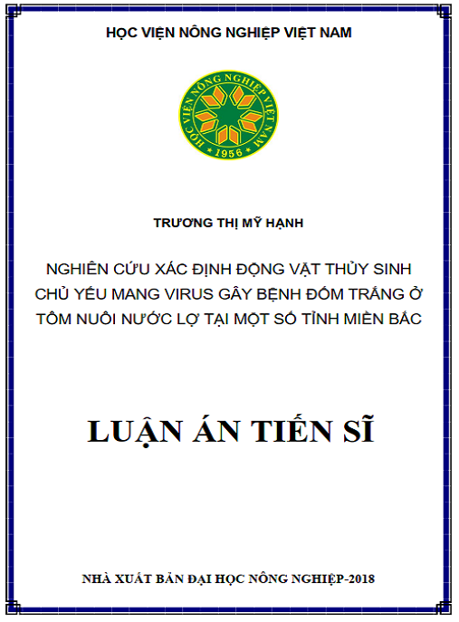 Luận án Nghiên cứu xác định động vật thủy sinh chủ yếu mang virus gây bệnh đốm trắng ở tôm nuôi nước lợ tại một số tỉnh miền Bắc Việt Nam