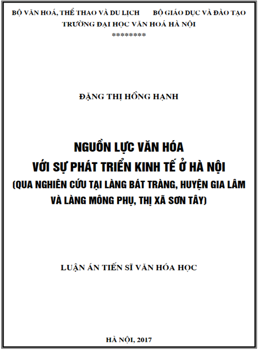Luận án Nguồn lực văn hóa với sự phát triển kinh tế ở Hà Nội (qua nghiên cứu tại làng Bát Tràng – huyện Gia Lâm và làng Mông Phụ – thị xã Sơn Tây
