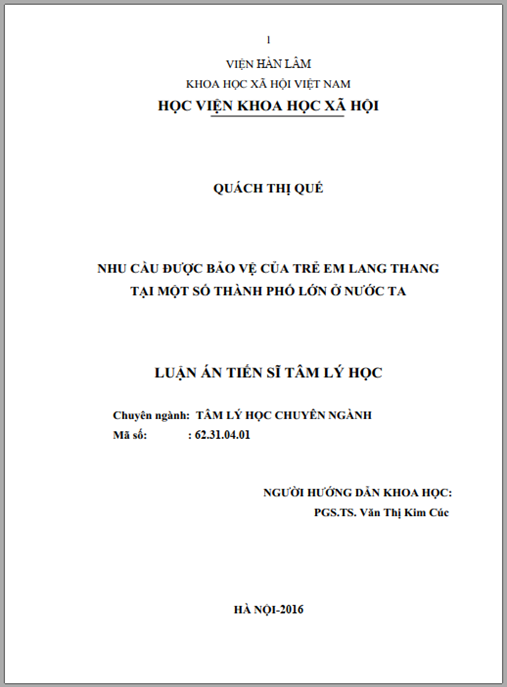 Luận án Nhu cầu được bảo vệ của trẻ em lang thang tại một số thành phố lớn ở nước ta