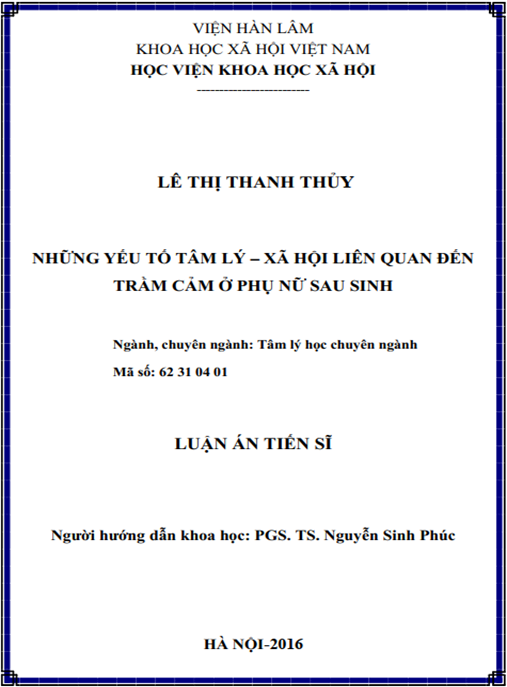 Luận án Những yếu tố tâm lý – xã hội liên quan đến trầm cảm ở phụ nữ sau sinh