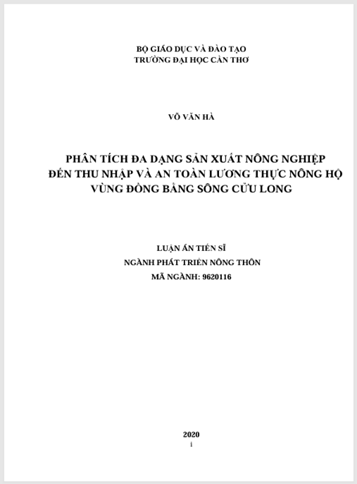 Luận án Phân tích đa dạng sản xuất nông nghiệp đến thu nhập và an toàn lương thực nông hộ vùng đồng bằng sông Cửu Long