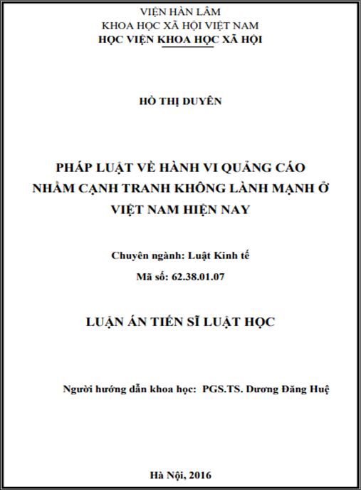 Luận án Pháp luật về hành vi quảng cáo nhằm cạnh tranh không lành mạnh ở Việt Nam hiện nay