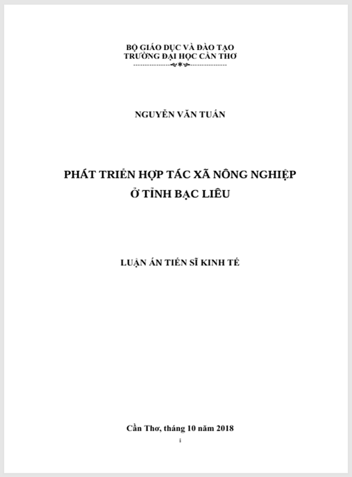 Luận án Phát triển hợp tác xã nông nghiệp ở tỉnh Bạc Liêu