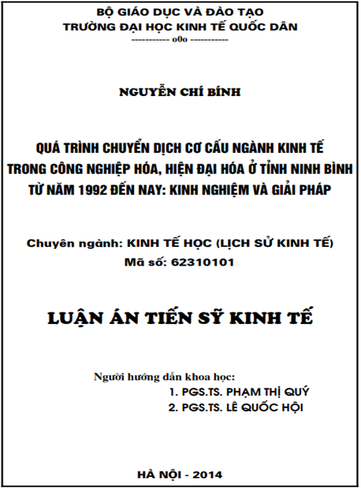 Luận án Quá trình chuyển dịch cơ cấu ngành kinh tế trong công nghiệp hóa, hiện đại hóa ở tỉnh Ninh Bình từ năm 1992 đến nay: Kinh nghiệm và Giải pháp