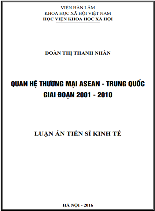 Luận án Quan hệ thương mại Asean – Trung quốc giai đoạn 2001-2010