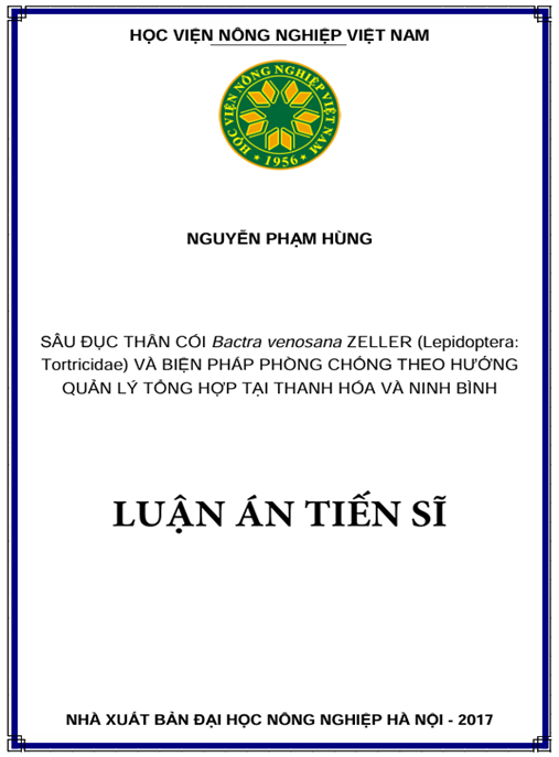 Luận án Sâu đục thân cói Bactra venosana Zeller (Lepidoptera: Tortricidae) và biện pháp phòng chống theo hướng quản lý tổng hợp tại Thanh Hóa, Ninh Bình Việt Nam