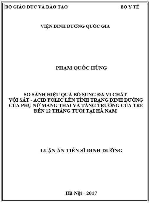 Luận án So sánh hiệu quả bổ sung đa vi chất với sắt – acid folic lên tình trạng dinh dưỡng của phụ nữ mang thai và tăng trưởng của trẻ đến 12 tháng tuổi tại Hà Nam