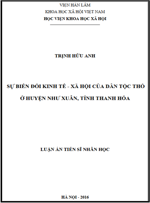 Luận án Sự biến đổi kinh tế – xã hội của dân tộc Thổ ở huyện Như Xuân – Tỉnh Thanh Hóa