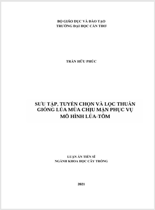 Luận án Sưu Tập, Tuyển Chọn Và Lọc Thuần Giống Lúa Mùa Chịu Mặn Phục Vụ Mô Hình Lúa-Tôm