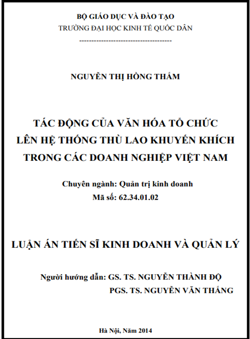 Luận án Tác động của văn hóa tổ chức lên hệ thống thù lao khuyến khích trong các doanh nghiệp Việt Nam